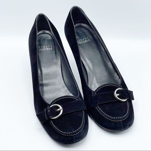 Stuart Weitzman Black Suede Loafer Kitten Heel Silver Buckle 7M - Picture 1 of 9